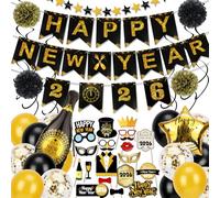 DPKOW Cotillons Nouvel An 2026 Décorations Or Noir, Bonne Anné Bannière Ballons Serpentins Guirlandes Photobooth 2026 Nouvel An Accessoires Déco Assortiments