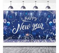 DPKOW Décoration de la Bannière du Bonne Année 2026, Tissu de Fond de la Bannière du Nouvel an 2026 Articles de Fête du Nouvelle Année, Argent Bleu Feux d'artifice Ballon Zéro o Horloge, 185 * 110cm
