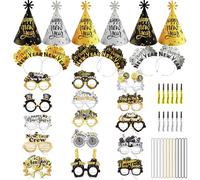DPKOW Décorations de réveillon du Nouvel An 2026, fournitures de fête, kit d'accessoires de réveillon du Nouvel An, lunettes, chapeaux coniques, colliers de perles à franges pour réveillon du Nouvel