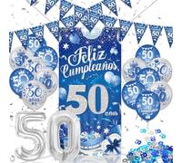 DPKOW Español Azul Plata 50 Cumpleaños Decoraciones para Hombre, Feliz Cumpleaños 50 Años Pancarta Triángulo Banderines Feliz Cumpleaños 50 Años Globos Confeti para Hombre 50 Cumpleaños Artículos