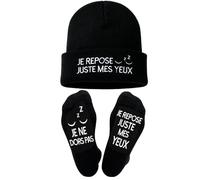 DPKOW Français Bonnet Chaussette Humour Homme, Idee Cadeau Homme Original Utile Rigolo Cadeau Papa Grand-père Mari Cadeau Hommes Noel Chaussettes Bonnet Tricoté Je ne dors pas,Je repose juste mes yeux
