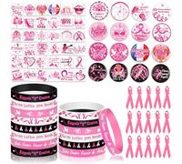 DPKOW Français Octobre Rose Goodies Kit, Badge Pin's Bracelets Tatouages Octobre Rose Ruban en Tissu sur Une Épingle Accessoires pour OCTOBRE ROSE Cancer du Sein Sensibilisation