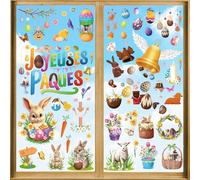 DPKOW Français Pâques Fenêtres Autocollants Décoration, 9 Pièces Stickers Vitre Pâques pour Décorations Portes, Chocolats Cloches Œufs Couronne