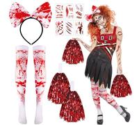 DPKOW Halloween Kits de Déguisement Zombie Pom-Pom Girl Rouge Pompons Bas Bandeau Temporaires Tatouages Cicatrice pour Halloween Zombie Cheerleader Sets for Kids