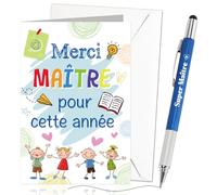 DPKOW Idee Cadeau Maître d'École Fin d'Année, Cadeaux Merci Maitre Carte Stylo Maître Maternelle Cadeau Remerciement Instituteur Professeur des Écoles, Super Maitre Merci pour Cette Année
