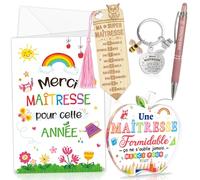 DPKOW Idee Cadeau Maitresse d'École Fin d'Année, Carte Merci Maîtresse Marque Page Stylo Maîtresse Porte-Clé Plaque Acrylique Merci Maitresse Cadeau Fin Année Scolaire Institutrice Remerciement