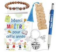 DPKOW Idee Cadeaux Maître d'École Fin d'Année, Carte Merci Maître Marque Page Stylo Maitre Porte houette Bracelet Merci Maitre Cadeau Fin Année Scolaire Instituteur Remerciement