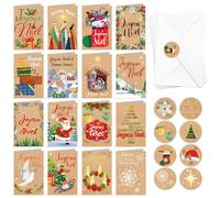 DPKOW Joyeux Noël Cartes de Vœux avec Enveloppe Autocollants, 16 x Papier Kraft Cartes de Noël en Français, Heureux Noël Cartes Crèches de Noël Joyeuses Fêtes Cartes Bonne Année
