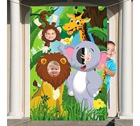 DPKOW Jungle Animaux Fête Photobooth Bannière en Tissu, Drôle Safari Animal Visage Jeu pour Enfant Garçon Anniversaire Décoration, Toile Fond Photo de Forêt