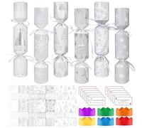 DPKOW Lot de 12 crackers de Noël argentés avec prix anti-claquement, flocons de neige, étoiles, élans, boîtes cadeaux de Noël, crackers de table avec chapeaux, cartes d'énigme, kits de fabrication de