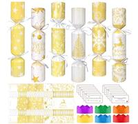 DPKOW Lot de 12 crackers de Noël dorés avec prix anti-claquement, flocons de neige, étoiles, élans, boîtes cadeaux de Noël, crackers de table avec chapeaux, cartes d'énigme, kits de fabrication de