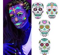 DPKOW Lumineux Halloween Tatouage Temporaires pour Femme Adultes, 4 Feuilles Jour Des Morts Visage Tatouage Crâne de Sucre Tatouages Ephemere, Kit de Tatouage de Maquillage Fluorescent dans le Noir