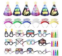 DPKOW Néon Cotillons Nouvel An Lunettes de Fête du Nouvel An Bandeau Chapeaux Decoration Jour de l'An 2026 Happy New Year Bandeau Chapeaux Jour de l'An Photomaton Accessoires 36pcs Kit Nouvel An 2026