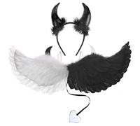 DPKOW Noir Blanc Diable Déguisement Halloween Costume Ailes Diable et Cornes Bandeau pour Halloween ou Costume Fête Carnaval, Nativité Noël, Déguisement Fête, 2 Pièces