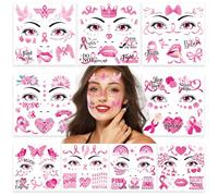 DPKOW Octobre Rose Visage Tatouages Temporaires, 9 Feuilles Tatouages Éphémères pour Sensibilisation Cancer du Sein d'Octobre Rose Visage Maquillage Accessoires Corporel Art