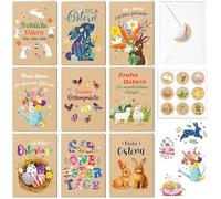 DPKOW Osterkarten mit Umschlag Aufklebern, 9er Kraftpapier Ostern Karten Set Frohe Ostern Karte, Grußkarten Ostern Postkarten Ostern Klappkarten Blanko, Lustige Original Kraftpapier
