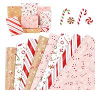 DPKOW Papier Cadeau de Noël Bonbon, 8 pièces Feuilles de Papier d'Emballage de Noël Dinosaure papier Cadeau Rouge Rose Marron Blanc, Craft Wrapping Paper, Fournitures de Fête de Noel, 70 x 50 cm