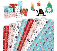 DPKOW Papier Cadeau de Noël Chat, 8 pièces Feuilles de Papier d'Emballage de Noël Bleu Rose Rouge papier Cadeau Patte de Chat, Noel Wrapping Paper Craft, Fournitures de Fête de Noel, 70 x 50 cm