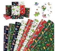 DPKOW Papier Cadeau de Noël Dinosaure, 8 pièces Feuilles de Papier d'Emballage de Noël Dinosaure papier Cadeau Rouge Noir Vert Blanc, Craft Wrapping Paper, Fournitures de Fête de Noel, 70 x 50 cm