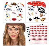 DPKOW Pirate Visage Tatouage Carnaval Pirate Costume Accessoires, Pirate temporaire Tatouage Glitter Stone Visage Maquillage Pirate Accessoires pour Enfants Halloween Tatouage Visage Carnaval Costume