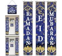DPKOW Ramadan Mubarak Bannière Eid Ramadan Décoration, 4 Pièces Bleu Or Ramadan Bannière Porte de Décorations de l'Aïd Mubarak Panneau de Bienvenue de Ramadan pour Porche, Décoration Islamique Ramadan