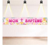 DPKOW Rose Mon Baptême Bannière Décoration pour Fille Enfants, Bannière en Tissu pour Fille Bébé Baptême Decoration Intérieur Extérieur, 270 * 40cm