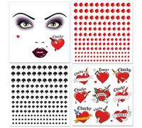 DPKOW Tatouage Chucky et cœurs avec Strass Visage Tatouage Halloween | 4 Bögen Tatouages Visage Chucky et cœurs Tatouage Halloween pour Visage Autocollant Halloween Costume Fiancée de Chucky