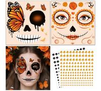 DPKOW Tatouage Crâne pour Visage avec Strass Visage, Halloween Ephemere Tatouage Papillon Crâne Accessoires de Deguisement d'halloween Maquillage pour Femme Enfant Faux Tatouages