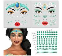 DPKOW Tatouage visage Princesse Jasmine Costume Femme Tatouages temporaires Carnaval Costume Accessoires de fête, pierres scintillantes visage Princesse Jasmine Tatouage visage Maquillage Carnaval