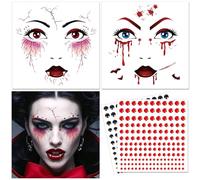 DPKOW Tatouages de Visage de Vampire, Autocollants de Tatouages temporaires de Vampire d'halloween avec Pierres précieuses pour Le Visage, Faux Tatouages pour Halloween Accessoires de Vampire