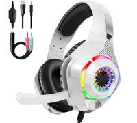 Dpofirs Casque Audio Filaire pour PC Mobile, Casque Gaming Circum Auriculaire, Arceau Réglable et éclairage RGB for Jeu et Communication (White)