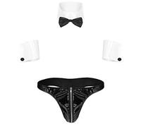 dPois 3/4/5Pcs String Homme Sexy Costume Serveur Tuxedo Déguisement Police Erotique Lingerie Cravate Bracelets Short Homme Caleçon G-String Briefs Clubwear M-3XL 8 Noir L
