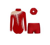 dPois 3 Pièces Enfant Fille Ensemble de Gymnastique Justaucorps Strass Short et Elastique Chouchou Spectacle 5-16 Ans