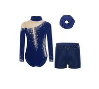 dPois 3 Pièces Enfant Fille Ensemble de Gymnastique Justaucorps Strass Short et Elastique Chouchou Spectacle 5-16 Ans