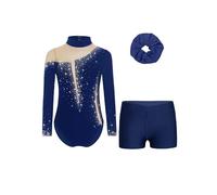 dPois 3 Pièces Enfant Fille Ensemble de Gymnastique Justaucorps Strass Short et Elastique Chouchou Spectacle 5-16 Ans
