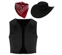 dPois 3 Pièces Garçon Fille Déguisement Cowboy Franges Tenue de Cow-boy avec Chapeau Cowboy Enfant Gilet Far West Costume Carnaval Halloween Noir 15-16 ans