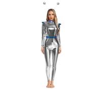 dPois Costume D'Alién Pour Femmes Party Dress Up Space Alien Robot Cosplay Outfit Catsuit En Spandex Costume D'Halloween Rave Extraterrestre Argenté M