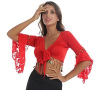 dPois Costume Danse Orientale Femme Boléro Top Manches Volants Haut Danse du Ventre Tenue Danse Jazz Latine Samba Tango Spectacle L-3XL Rouge L