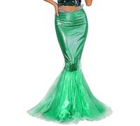 dPois Déguisement Sirène Femme Jupe Sirène Long Jupe Queue Sirène Elégente Paillettes Costume Soutien-Gorge Brassière Top de Plage Bra Coquillage Halloween S-3XL B Jupe Vert M