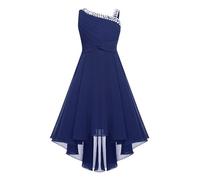 dPois Elegant Robe Demoiselle d'honneur Fille Enfant Une Epaule Paillettes Robe de Cérémonie Mariage Soirée Anniversaire Fete Ado 5-16 Ans Bleu Marine 7-8 Ans