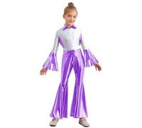 dPois Enfant Fille Années 70 Combinaison Disco Brillant Justaucrops Costumes Danse Jazz Hippie Pantalon Trompette Spectacl Scène Disco Party 6-16 Ans Lavande 11-12 ans