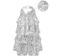 dPois Enfant Fille Bretelles Paillettes brillantes Combinaison courte Ballet Costume de danse latine Jazz moderne Avec anneau de cheveux Argenté 5-6 ans