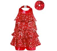 dPois Enfant Fille Bretelles Paillettes brillantes Combinaison courte Ballet Costume de danse latine Jazz moderne Avec anneau de cheveux Rouge 3-4 ans
