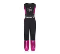 dPois Enfant Fille Ensemble Danse De Rue Hip Hop Strass Brillant Top Ombilical Exposé Sans Manches Pantalon Jogging Patchwork En Maille Set De 2 Pcs Rose vif 9-10 ans
