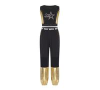dPois Enfant Fille Ensemble Danse De Rue Hip Hop Strass Brillant Top Ombilical Exposé Sans Manches Pantalon Jogging Patchwork En Maille Set De 2 Pcs Or 9-10 ans