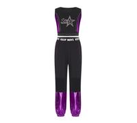 dPois Enfant Fille Ensemble Danse De Rue Hip Hop Strass Brillant Top Ombilical Exposé Sans Manches Pantalon Jogging Patchwork En Maille Set De 2 Pcs Violet 9-10 ans