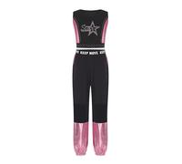 dPois Enfant Fille Ensemble Danse De Rue Hip Hop Strass Brillant Top Ombilical Exposé Sans Manches Pantalon Jogging Patchwork En Maille Set De 2 Pcs Rose 9-10 ans