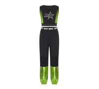 dPois Enfant Fille Ensemble Danse De Rue Hip Hop Strass Brillant Top Ombilical Exposé Sans Manches Pantalon Jogging Patchwork En Maille Set De 2 Pcs Vert fluorescent 9-10 ans