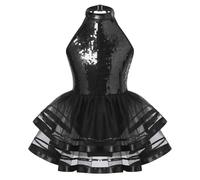 dPois Enfant Fille Robe Patinage Artistique Paillettes Justaucorps Gymnastique Tutu Danse Classique Costume Jazz Modern Latine 3-16 Ans Noir 9-10 ans
