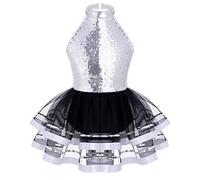 dPois Enfant Fille Robe Patinage Artistique Paillettes Justaucorps Gymnastique Tutu Danse Classique Costume Jazz Modern Latine 3-16 Ans Argenté 3-4 ans